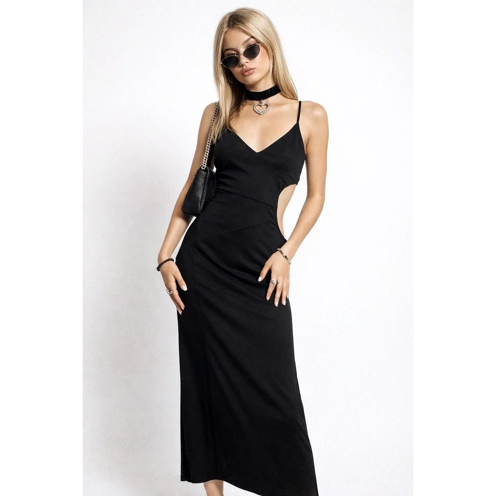 Vintage 90s BCBG Paris Cut out side Black Gown Dress Minimalist Size Large - Picture 1 of 6